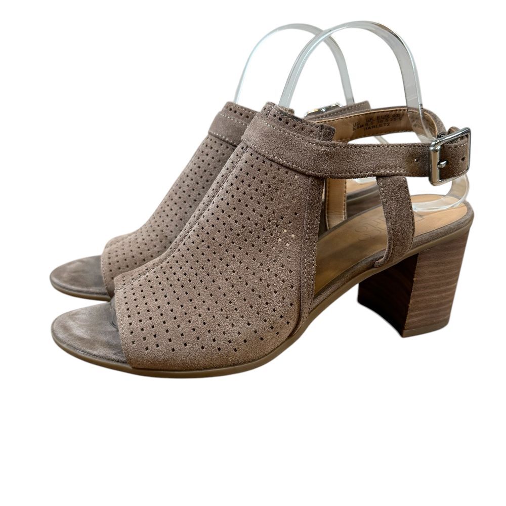 Franco‎ Sarto Harley Perforated Suede Block Heel Sandals Taupe Open Toe 8.5 Tan